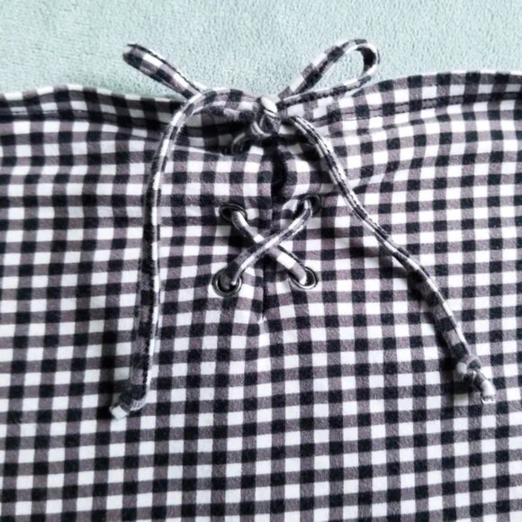 Pacsun B&W Cottagecore Style Gingham Print Off the Shoulder Lace Up Crop Top - Picture 4 of 6